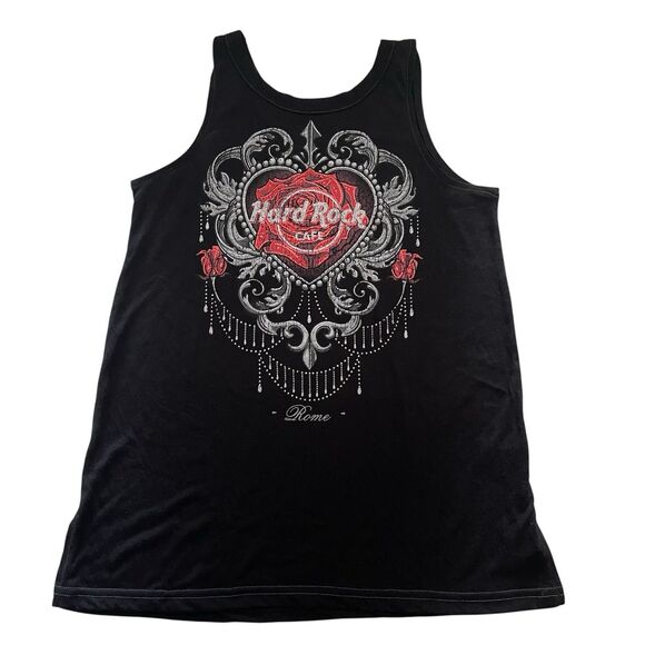 Hard Rock Cafe Rome Italy Tank Top S Womens Couture Roses Black V Strappy Back - Picture 9 of 9